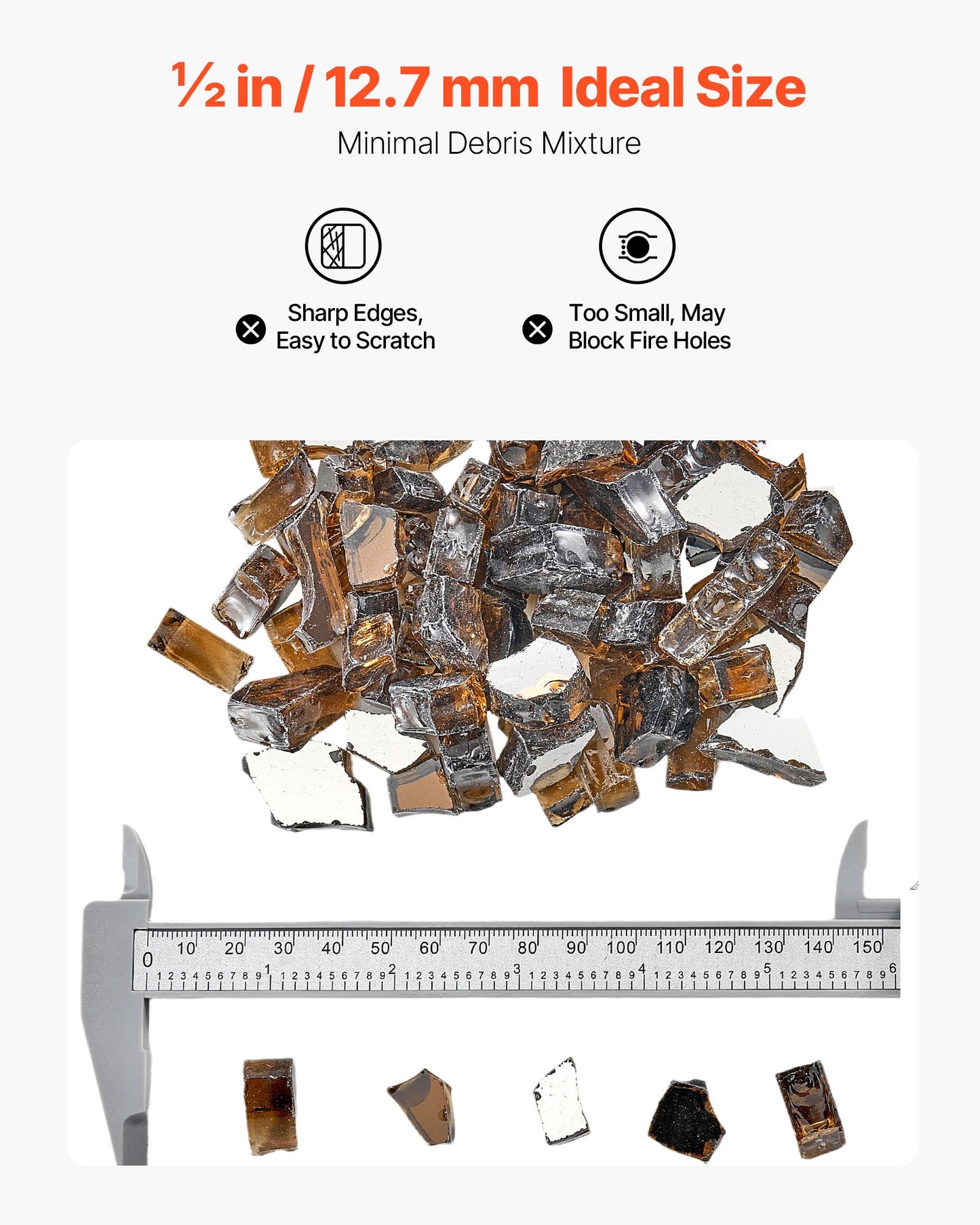 Fire Glass, 10 LBS / 4.5 KG High-Temperature Resistant Fireplace Rocks, 1/2-Inch / 12.7 mm Reflective & Smokeless Firepit Glass Rock, High Luster Stone Landscaping for Fire Pit Table, Copper