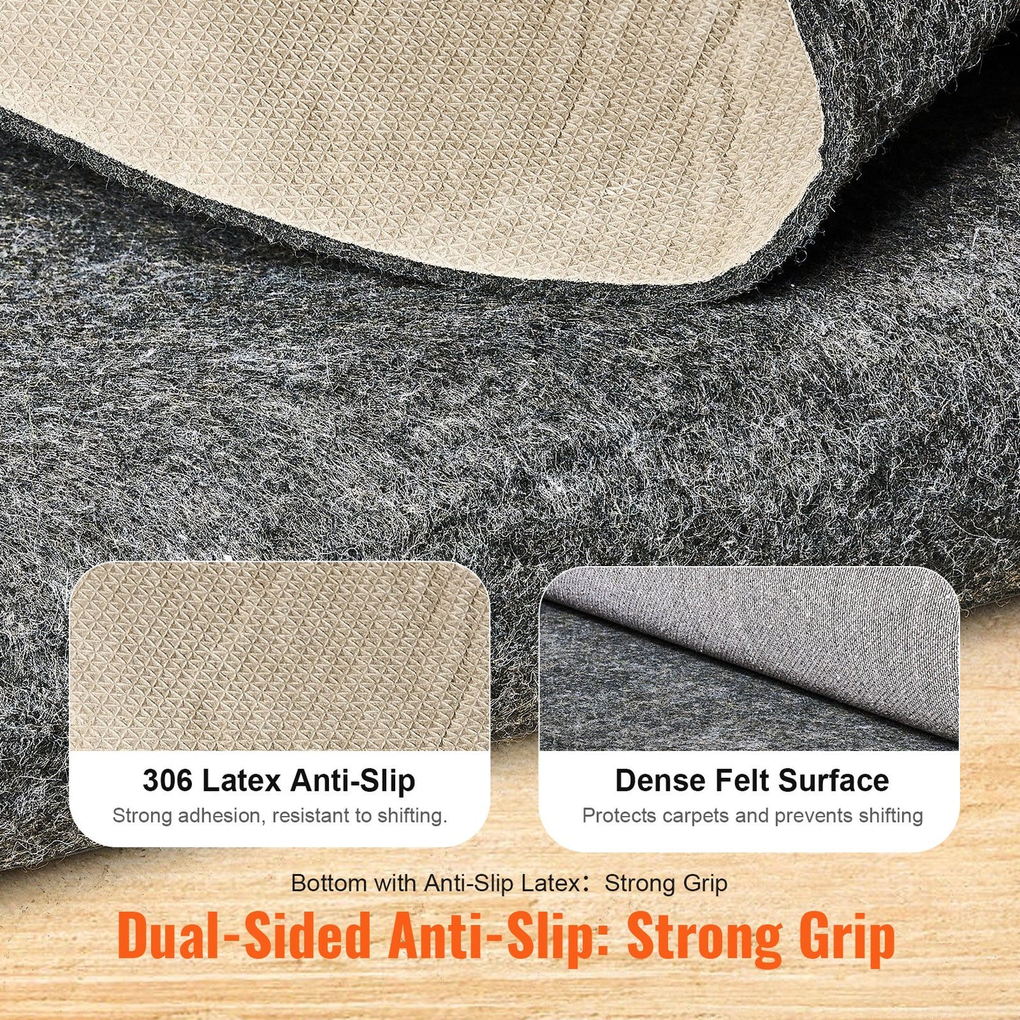 - Slip-Resistant Rug Pad - Protective Cushioning Carpet Pad - 5' x 8' - 1/4"Thick - Dual Surface - Polyester Felt + Latex - Gray - 3-4㎡ Area Carpet Padding Rug Cushion Safe for All Floors