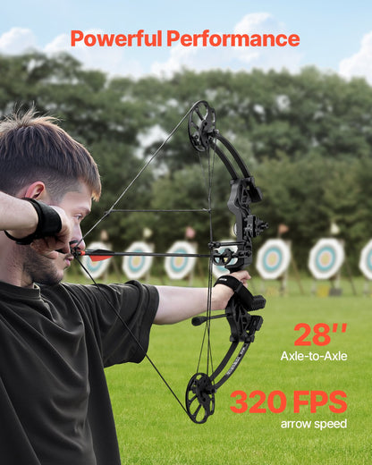 Compoundbåge, justerbar draglängd 48-76 cm, compoundbågspaket för nybörjare, dragvikt 8-32 kg, bågar och pilar för bågskytte, högerhandskit med jaktutrustning, 320 fps, svart