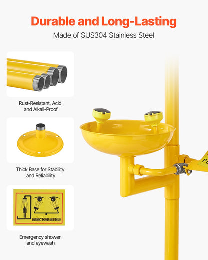 Emergency Shower Eye Wash Station, 870x400x2330 mm 304 Stainless Steel Eyewash and Shower Combination, OSHA-Approved First Aid Eye Wash Station, for Schools, Labs, Factories, Yellow