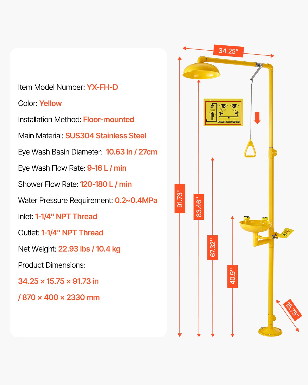 Emergency Shower Eye Wash Station, 870x400x2330 mm 304 Stainless Steel Eyewash and Shower Combination, OSHA-Approved First Aid Eye Wash Station, for Schools, Labs, Factories, Yellow