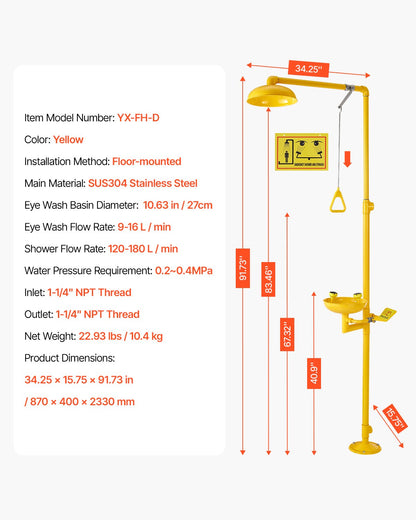 Emergency Shower Eye Wash Station, 870x400x2330 mm 304 Stainless Steel Eyewash and Shower Combination, OSHA-Approved First Aid Eye Wash Station, for Schools, Labs, Factories, Yellow