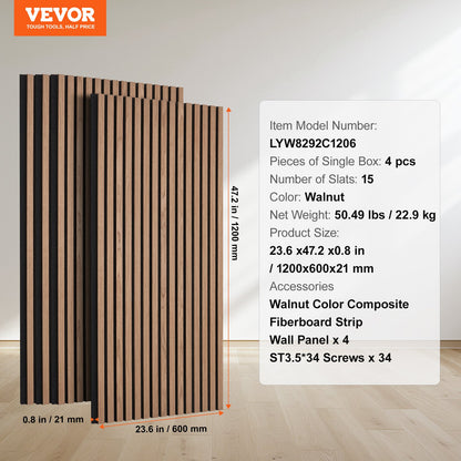 Wood Slat Acoustic Panels, 23.6 x 47.2 inch, MDF Accent Wooden Wall Panels for Modern Interior Wall, Faux Wood Wall Board Panels for Stylish Decor and Noise Reduction, Walnut