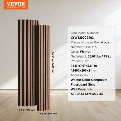 Wood Slat Acoustic Panels, 7.9 x 94.5 inch, MDF Accent Wooden Wall Panels for Modern Interior Wall, Faux Wood Wall Board Panels for Stylish Decor and Noise Reduction, Walnut