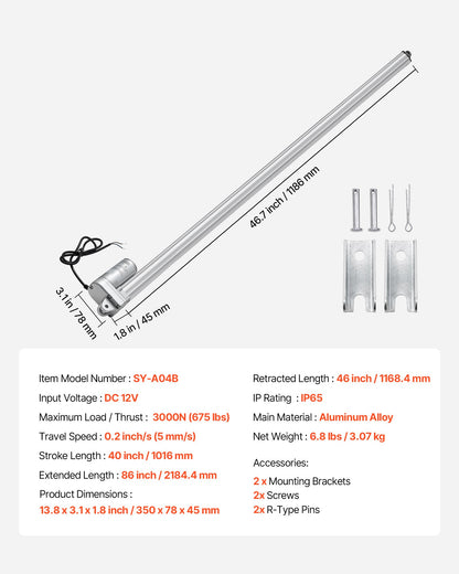 12V linjärt ställdon, 1016 mm slaglängd IP65 vattentät linjärt ställdon, 3000N 5 mm/s rörelseställdon med monteringsfäste för solcellsspårare, industrimaskiner, dörröppnare