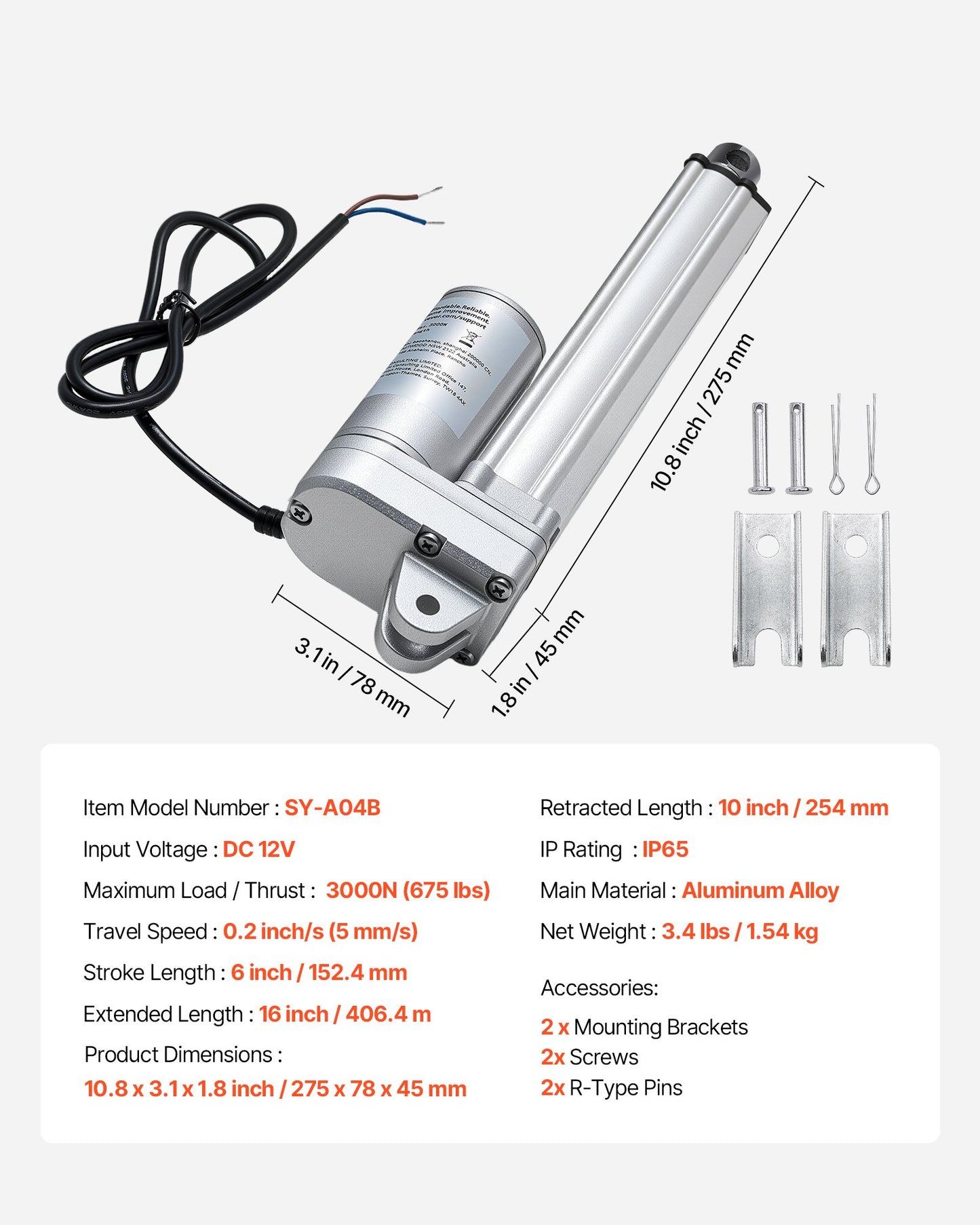 12V linjärt ställdon, 152,4 mm slaglängd IP65 vattentätt linjärt ställdon, 3000N 5 mm/s rörelseställdon med monteringsfästen för solcellsspårare, industrimaskiner, dörröppnare