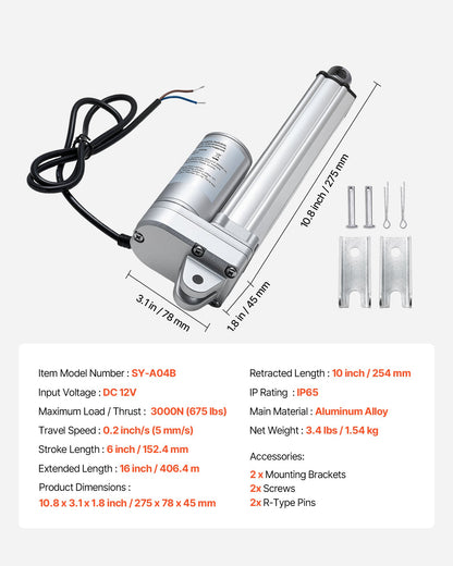 12V linjärt ställdon, 152,4 mm slaglängd IP65 vattentätt linjärt ställdon, 3000N 5 mm/s rörelseställdon med monteringsfästen för solcellsspårare, industrimaskiner, dörröppnare