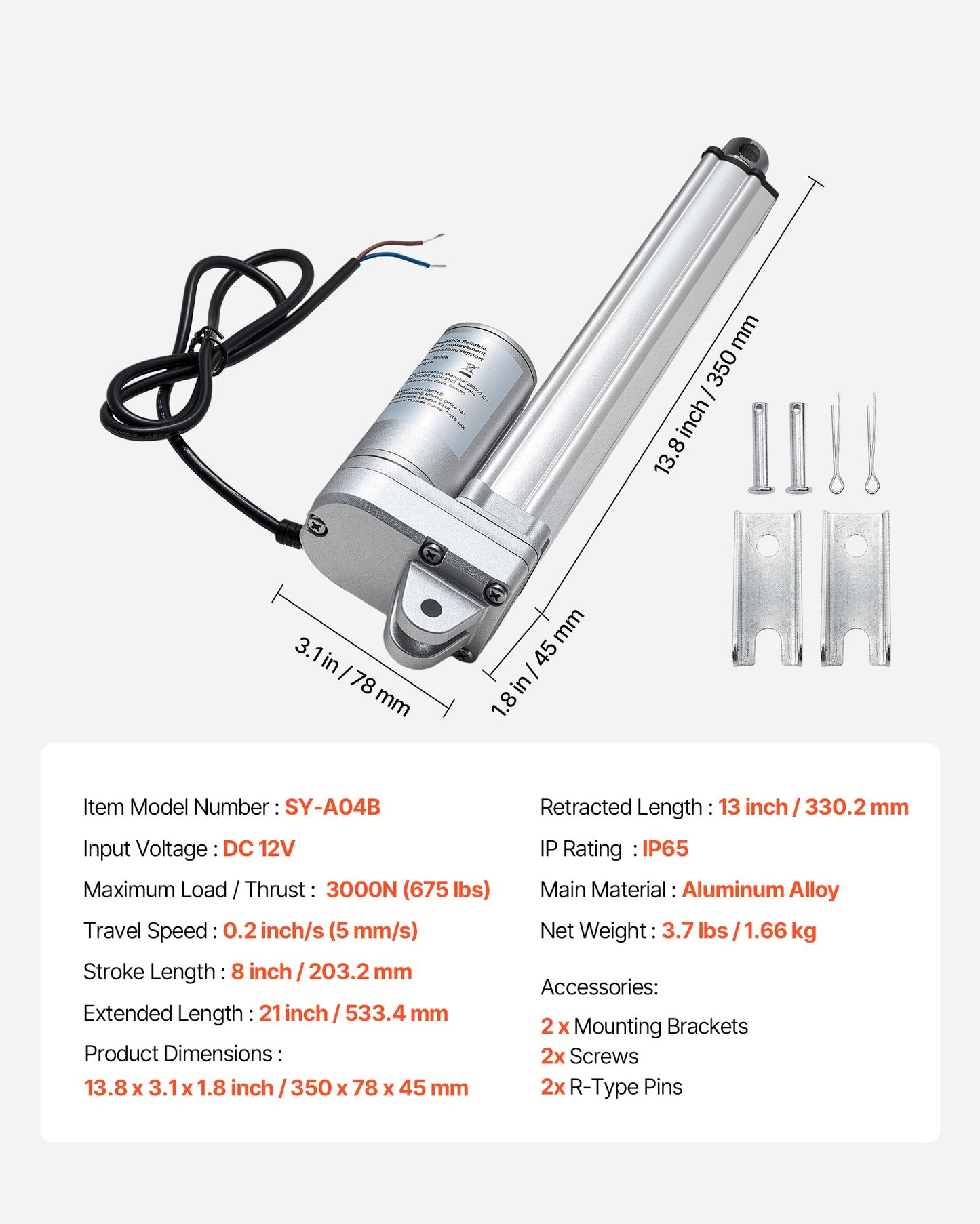 12V linjärt ställdon, 203,2 mm slaglängd IP65 vattentätt linjärt ställdon, 675lbs/3000N 0,2"/s rörelseställdon med monteringsfäste för solcellsspårare, industrimaskiner, dörröppnare
