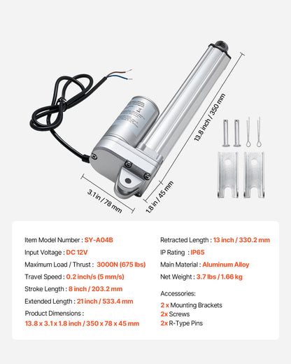 12V linjärt ställdon, 203,2 mm slaglängd IP65 vattentätt linjärt ställdon, 675lbs/3000N 0,2"/s rörelseställdon med monteringsfäste för solcellsspårare, industrimaskiner, dörröppnare