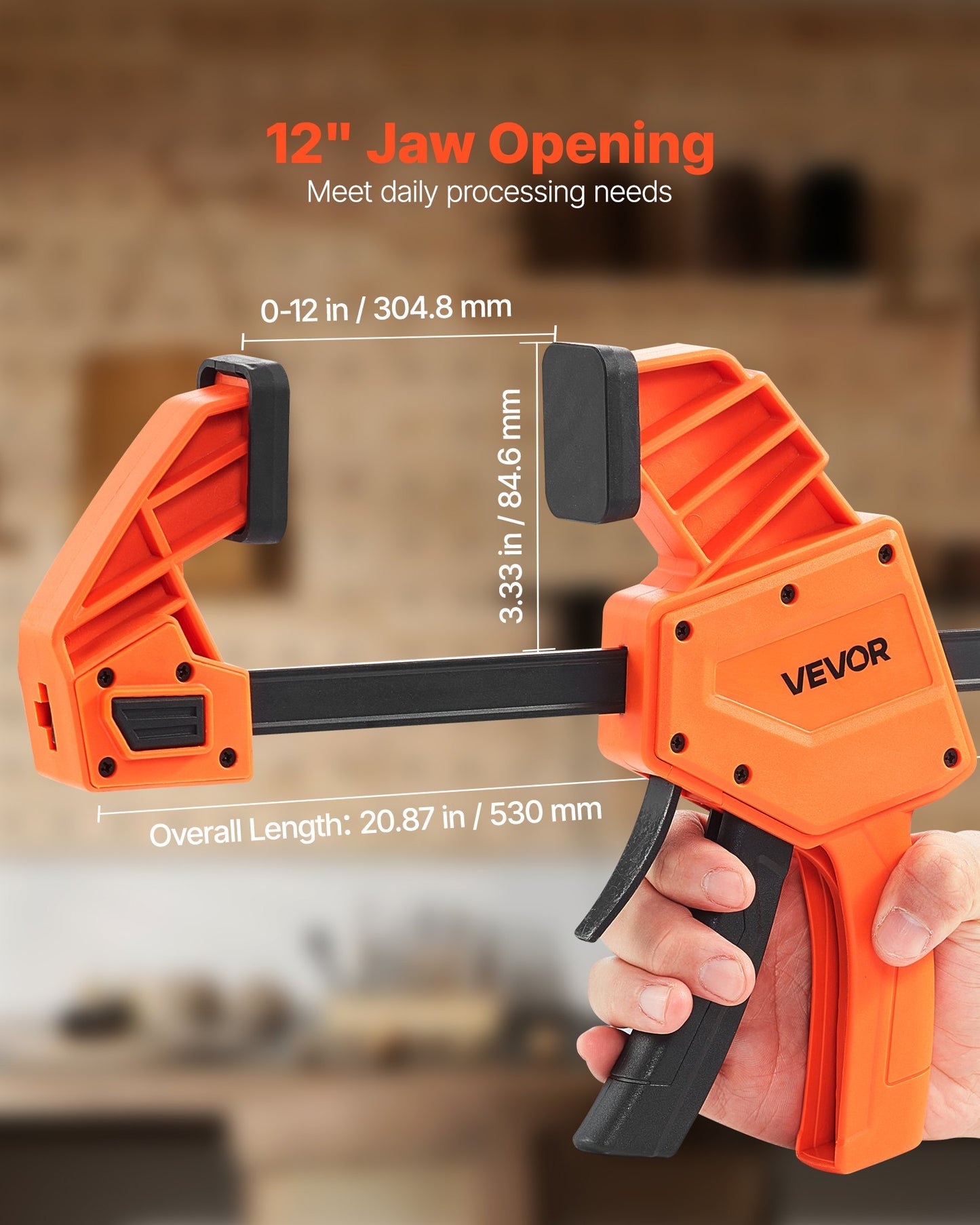 Stångklämmor för träbearbetning, 2-pack 30,48 cm enhandsklämma/spridare, snabbgreppande F-klämma med 154 kg belastningsgräns, premiumplast och kolstål, för träbearbetning metallbearbetning, orange + svart