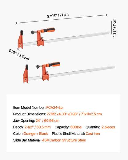 Träklämmor för träbearbetning, 2-pack 61 cm öppning, Låsbar F-klämma med 272 kg lastgräns, 63,5 mm djup, Gjutjärn och kolstål, Lättanvända, Träklämmor för träbearbetning och metallbearbetning