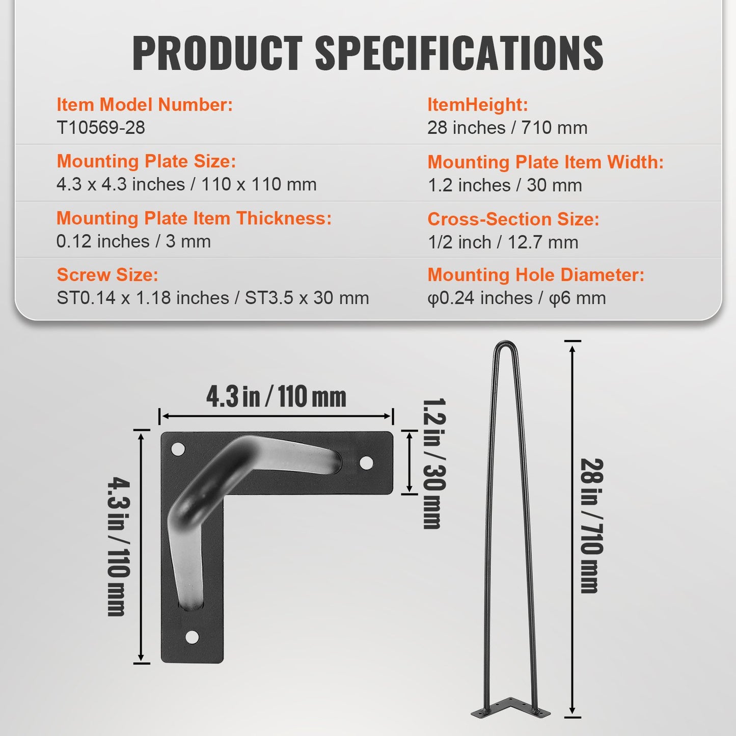 711,2 mm hårnålsben i metall, gör-det-själv-projekt för nattduksbord, soffbord, skrivbord, 226,8 kg lastkapacitet med gummigolvskydd, robusta och moderna bordsben i metall, 4 st