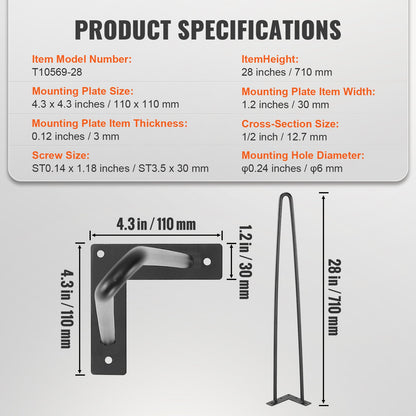 711,2 mm hårnålsben i metall, gör-det-själv-projekt för nattduksbord, soffbord, skrivbord, 226,8 kg lastkapacitet med gummigolvskydd, robusta och moderna bordsben i metall, 4 st