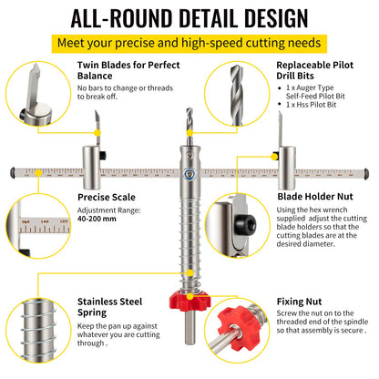 Adjustable Hole Saw Cutter Kit, 1-5/8" to 8" (40-200 mm), Twin Blade Recessed Hole Saw with PC Dust Shield, Two Replaceable Pilot Drill Bits, for Recessed Lights, Ceiling Speakers, Vent Holes