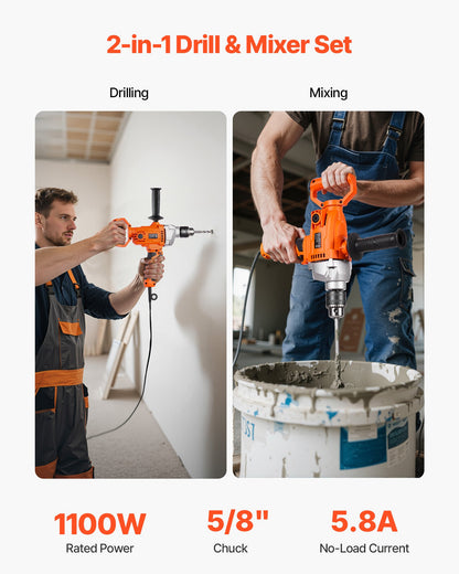 Drill Mixer, 15.89mm Corded Electric Drill Mixer Set, 0-850RPM 3.2A Mixing Drills, Mixing Drills Machine with D-Handle for Drilling & Blending, Handheld Cement Mixers for Fodder, Paint, Cement