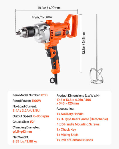 Drill Mixer, 15.89mm Corded Electric Drill Mixer Set, 0-850RPM 3.2A Mixing Drills, Mixing Drills Machine with D-Handle for Drilling & Blending, Handheld Cement Mixers for Fodder, Paint, Cement