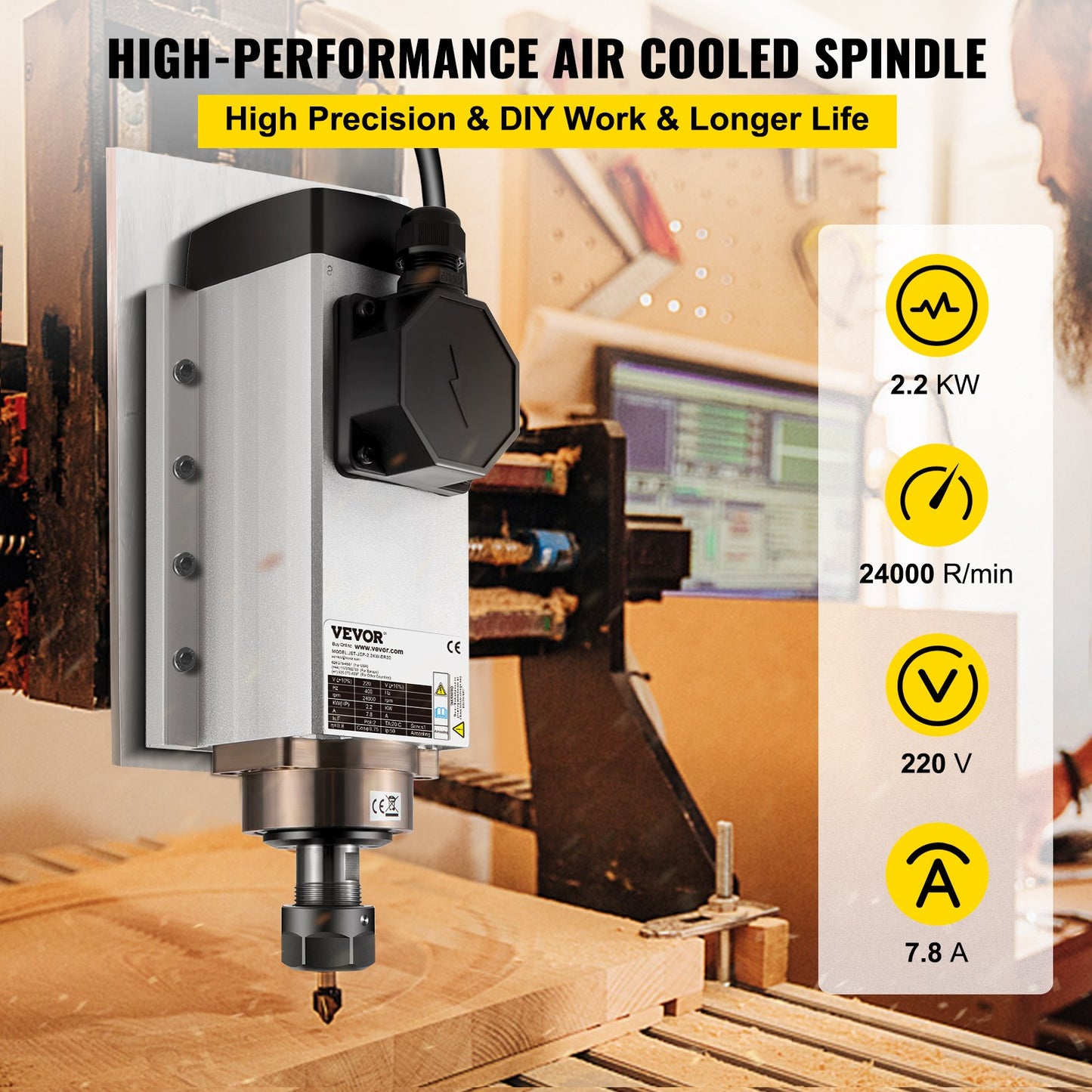 Luftkyld spindelmotor 2,2 kW CNC-spindelmotor 220 V fyrkantig luftkyld spindelmotor ER20 spännhylsa 24000 RPM CNC-spindel 6 A spindelmotor 400 Hz för CNC-router, gravyrfräsmaskin