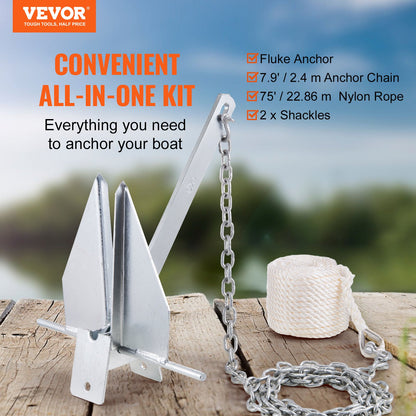 Fluke Style Anchor Kit, 8.5 LBS Hot-Dipped Galvanized Steel Fluke Anchor with 7.9' Chain, 75' Rope and Two 0.4" Shackles, Marine Boat Anchor for Small Vessels Under 18', Seas, Rivers and Shores