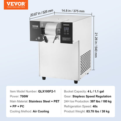 Commercial Snowflake Ice Machine, 397LBS/24H Snowflake Ice Maker, Stainless Steel Ice Shaver Machine, Electric Snow Cone Maker, Air Cooling System for Rapid Heat Dissipation, for Bakery, Cafe
