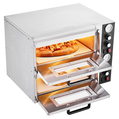 Pizza Oven Electric, 18" Double-Deck Commercial Countertop Pizza Oven, 842°F Max Temp, Indoor Pizza Maker with Thermometer, Independent Upper & Lower Temp Control & Timer for Home Restaurant