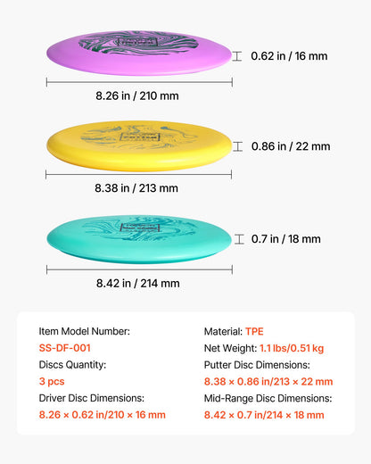 Discgolfset, 3-pack discgolfstartset, nybörjare med flygande discs för helkroppsstyrketräning, med putter, mellanregister, driver, PDGA-godkänd, för utomhusbruk, bakgård, gräsmatta, strand och park