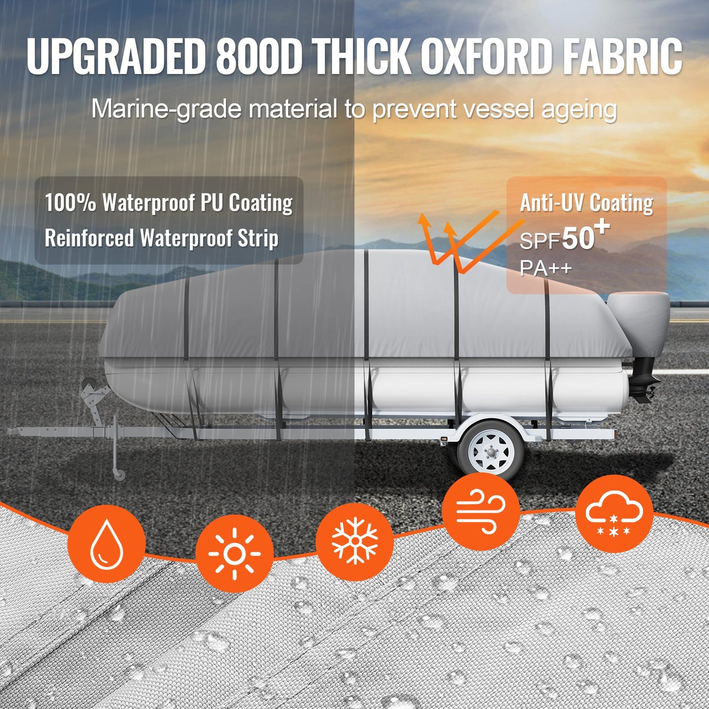 Pontoon Boat Cover, 19'-20' Waterproof Trailerable Pontoon Cover, 800D Marine Grade PU Oxford Fabric, with Motor Cover, 16 Windproof Buckle Straps, Fits for 19'-20'L, Beam Width to 96", Grey