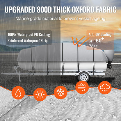 Pontoon Boat Cover, 19'-20' Waterproof Trailerable Pontoon Cover, 800D Marine Grade PU Oxford Fabric, with Motor Cover, 16 Windproof Buckle Straps, Fits for 19'-20'L, Beam Width to 96", Grey