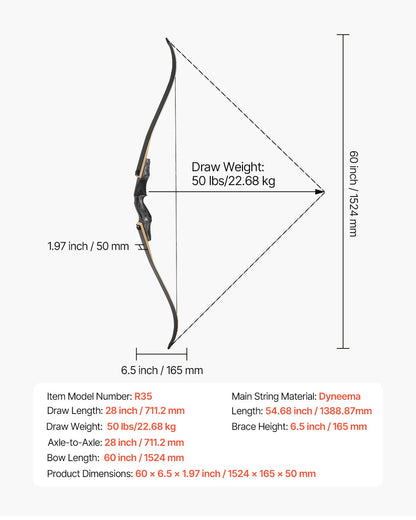 Recurvebåge och pilar-kit, 60 tums träbågar för takedown, ergonomiskt recurvebågspaket för högerhänt bågskytte, långbåge för utomhusträning, jakt, nybörjare till avancerad, 22,5 kg