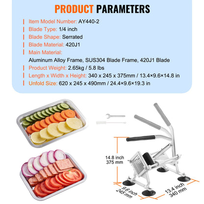 Commercial Vegetable Slicer, 1/4 inch Fruit Slicer, Stainless Steel and Aluminum Alloy Vegetable Cutter Slicer Machine, Manual Slicer with Non-slip Feet, for Radishes, Onions, Potatoes, Lemons