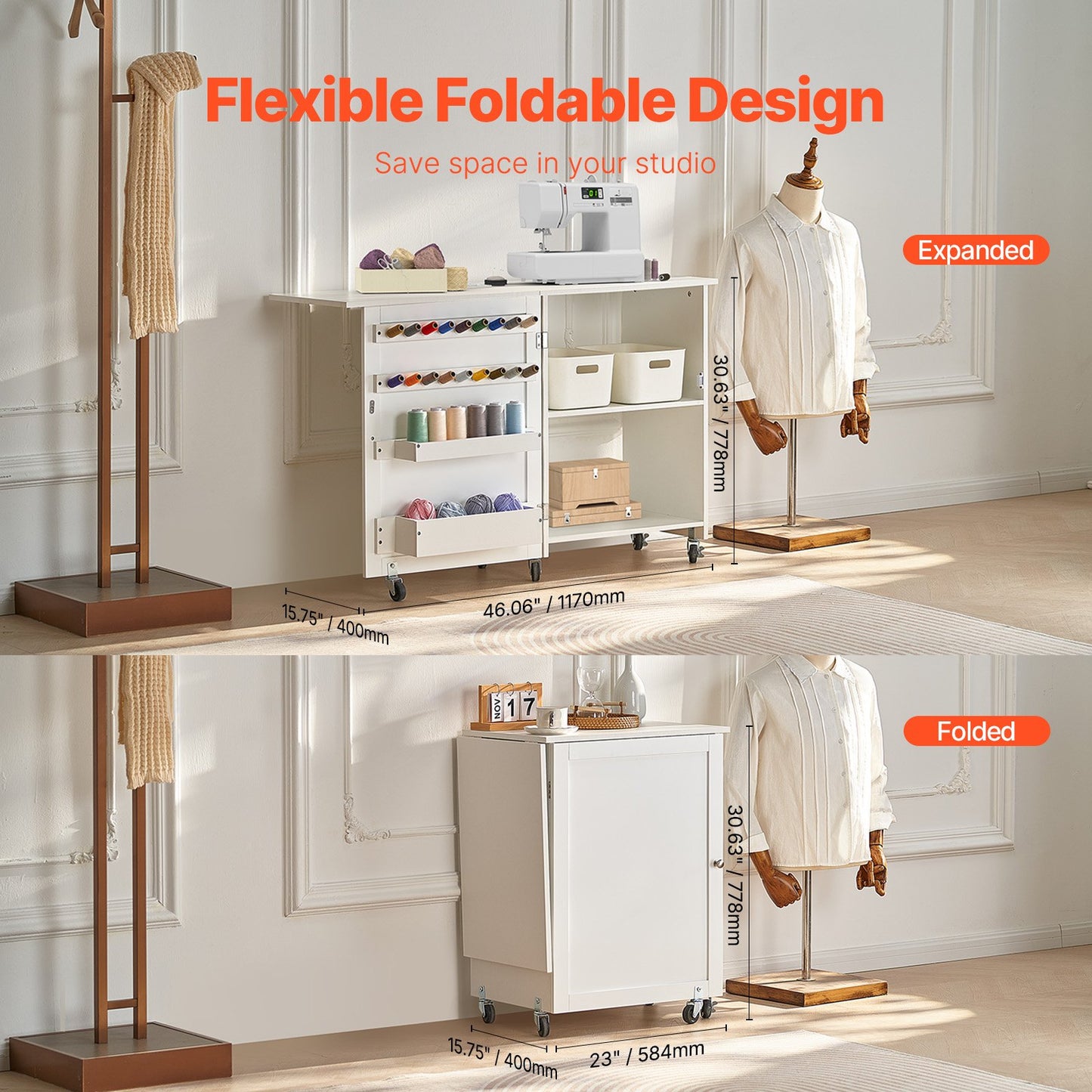 Folding Sewing Table, Multipurpose Sewing Machine Table with Compact Design, Wheels, Shelves, Storage Trays, Wooden Pegs, and Magnetic Doors, Sewing Desk Cabinet for Sewing Machine, White