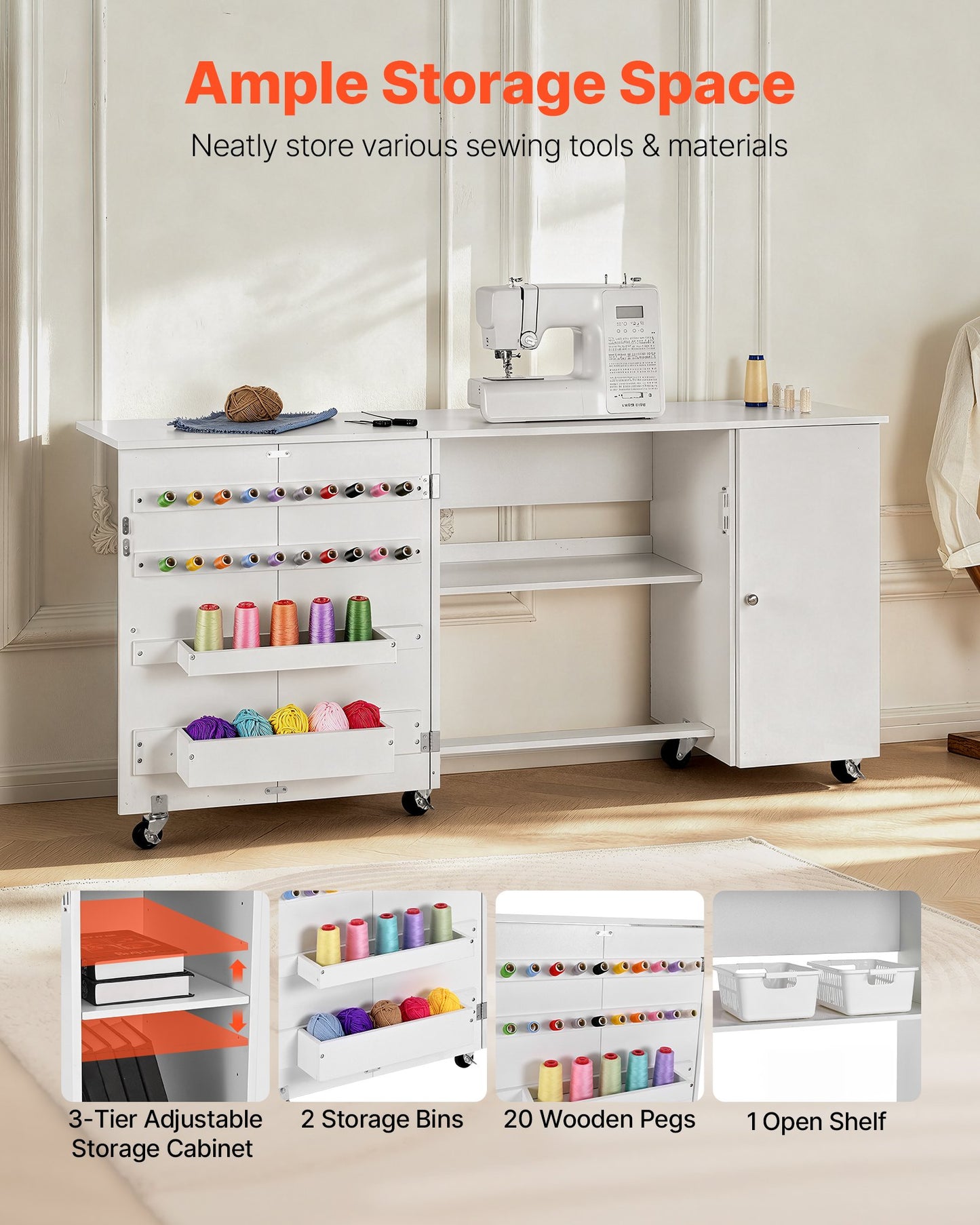 Hopfällbart sybord, multifunktionellt symaskinsbord med skåp, kompakt design, hjul, träpinnar, förvaringsfack och hyllplan, magnetisk dörr, hobbystation och sidobord för hemmet, vit