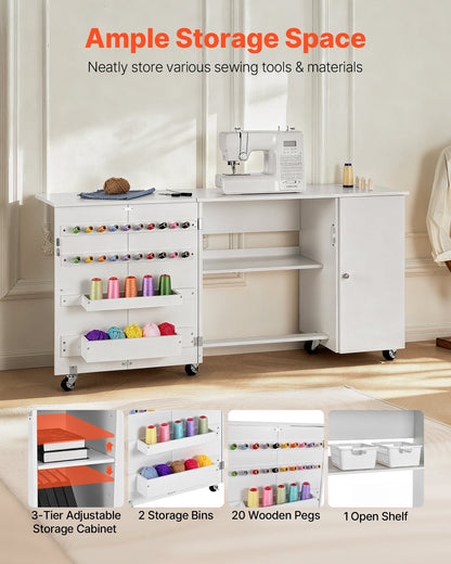 Hopfällbart sybord, multifunktionellt symaskinsbord med skåp, kompakt design, hjul, träpinnar, förvaringsfack och hyllplan, magnetisk dörr, hobbystation och sidobord för hemmet, vit