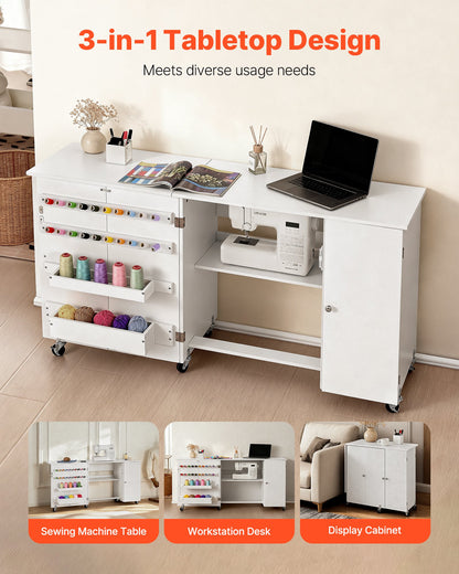 Hopfällbart sybord, multifunktionellt symaskinsbord med skåp, kompakt design, hjul, träpinnar, förvaringsfack och hyllplan, magnetisk dörr, hobbystation och sidobord för hemmet, vit