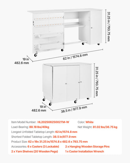 Hopfällbart sybord, multifunktionellt symaskinsbord med skåp, kompakt design, hjul, träpinnar, förvaringsfack och hyllplan, magnetisk dörr, hobbystation och sidobord för hemmet, vit