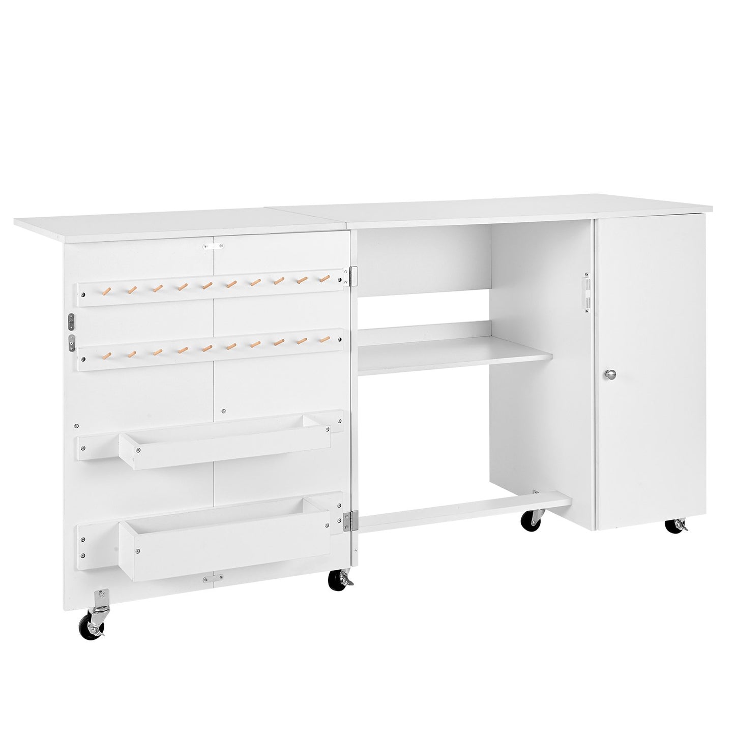 Hopfällbart sybord, multifunktionellt symaskinsbord med skåp, kompakt design, hjul, träpinnar, förvaringsfack och hyllplan, magnetisk dörr, hobbystation och sidobord för hemmet, vit