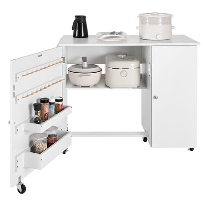 Hopfällbart sybord, multifunktionellt symaskinsbord med skåp, kompakt design, hjul, träpinnar, förvaringsfack och hyllplan, magnetisk dörr, hobbystation och sidobord för hemmet, vit