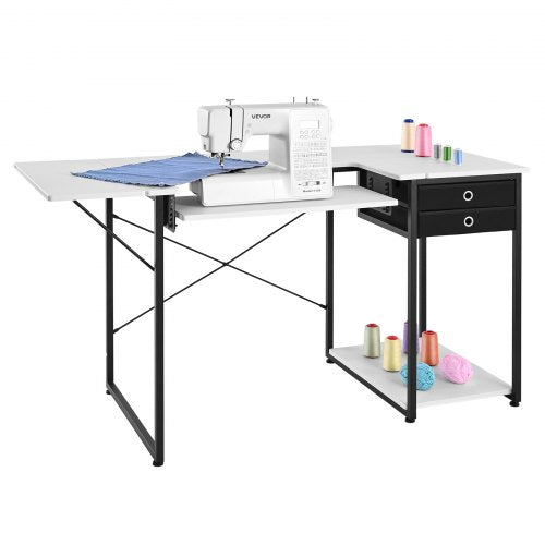 Sewing Table, Multipurpose Sewing Machine Table with Drawers, Foldable Side Shelf, Adjustable Shelf, Steel Legs, Computer Desk for Home, Fashion Studio, Art Studio, Educational Institution