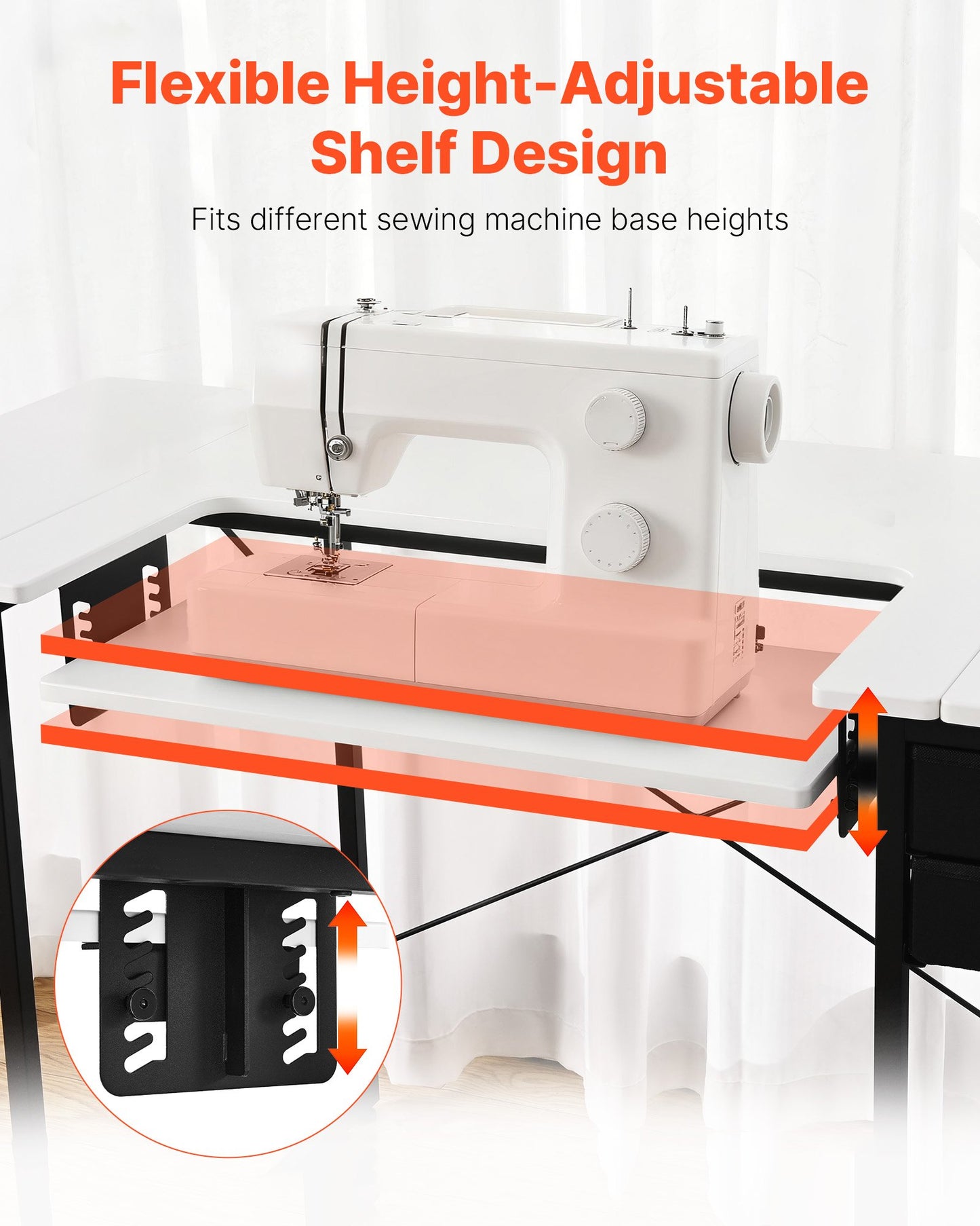 Sewing Table, Multipurpose Sewing Machine Table with Drawers, Foldable Side Shelf, Adjustable Shelf, Steel Legs, Computer Desk for Home, Fashion Studio, Art Studio, Educational Institution