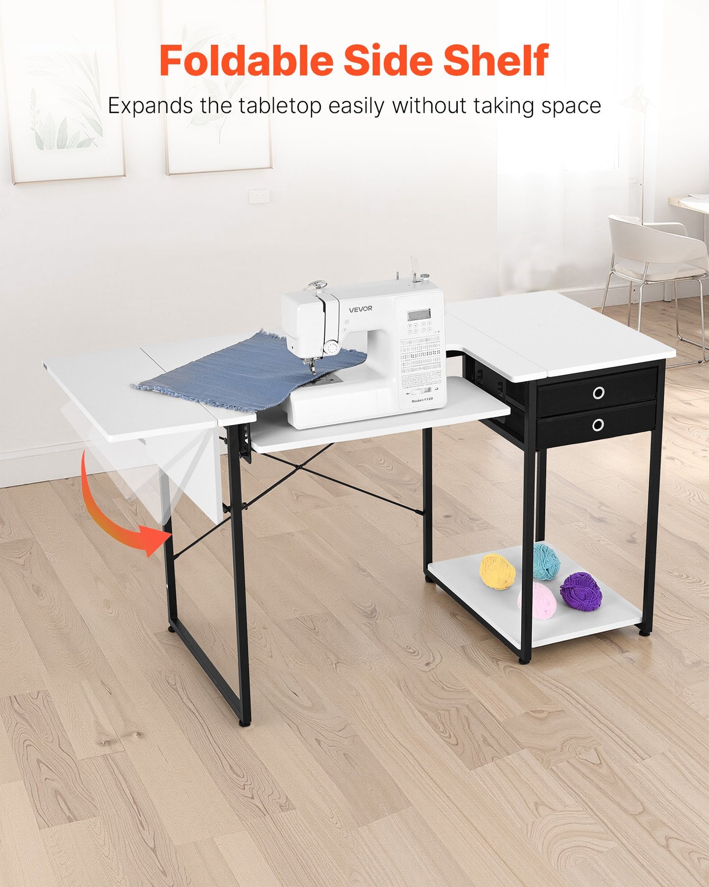 Sewing Table, Multipurpose Sewing Machine Table with Drawers, Foldable Side Shelf, Adjustable Shelf, Steel Legs, Computer Desk for Home, Fashion Studio, Art Studio, Educational Institution
