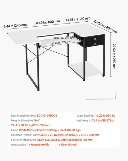 Sewing Table, Multipurpose Sewing Machine Table with Drawers, Foldable Side Shelf, Adjustable Shelf, Steel Legs, Computer Desk for Home, Fashion Studio, Art Studio, Educational Institution