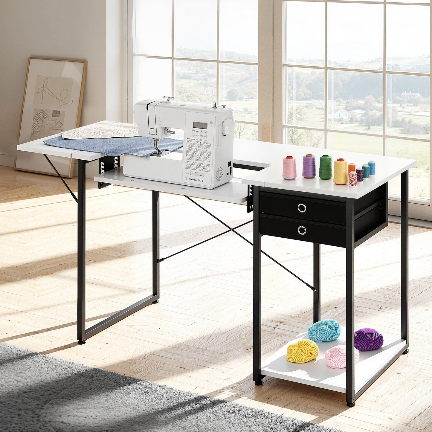 Sewing Table, Multipurpose Sewing Machine Table with Drawers, Foldable Side Shelf, Adjustable Shelf, Steel Legs, Computer Desk for Home, Fashion Studio, Art Studio, Educational Institution