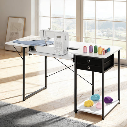 Sewing Table, Multipurpose Sewing Machine Table with Drawers, Foldable Side Shelf, Adjustable Shelf, Steel Legs, Computer Desk for Home, Fashion Studio, Art Studio, Educational Institution