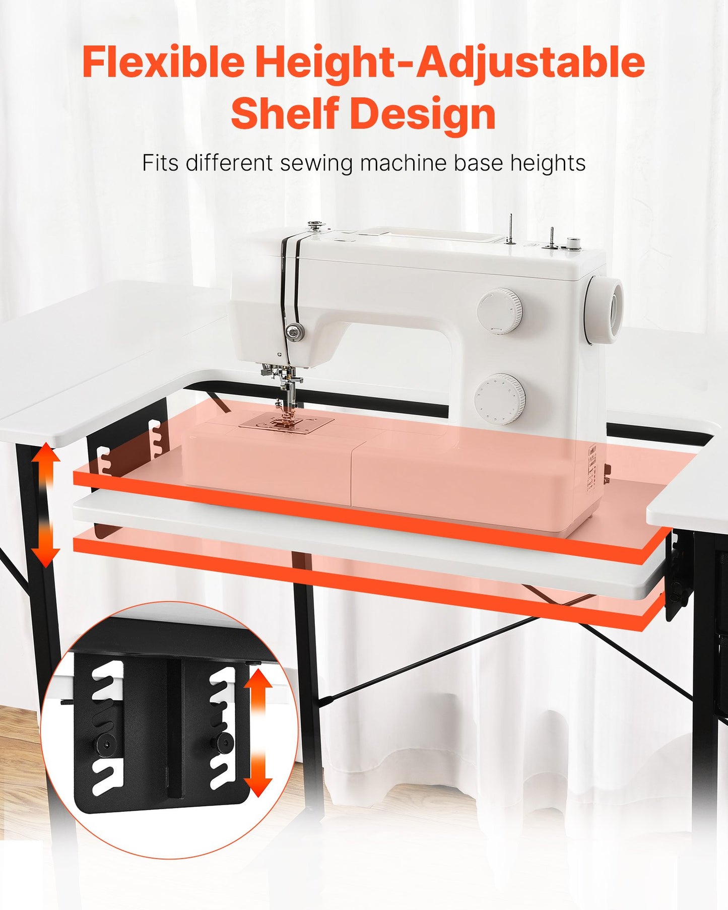 Sewing Table, Multipurpose Sewing Machine Table with Foldable Side Shelf, Adjustable Shelf, Steel Legs, Computer Desk for Home, Fashion Studio, Art Studio, Educational Institution, White