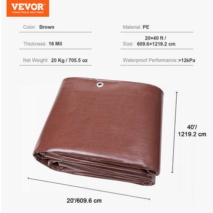 Tarp 609.6 x 1219.2 cm 0.41 mm Extra Thick, Waterproof Poly Plastic Tarps Cover, Multi-Purpose Outdoor Tarpaulin with Grommets & Reinforced Edges for Truck, RV, Boat, Camping (Brown)