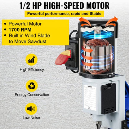Woodworking Mortise Machine, 373 W(1/2 HP) 1400RPM Powermatic Mortiser, With Movable Work Bench Benchtop Mortising Machine, For Making Round Holes Square Holes Or Special Square Holes In Wood