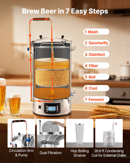Electric Brewing System, 16 Gal/60L Brewing Pot, 3000W Power All-in-One Home Beer Brewer with Recipe Memory, Auto/Manual Mode Mash Boil Device with Control Panel, 25-100℃ Temp & 1-180 min Timer