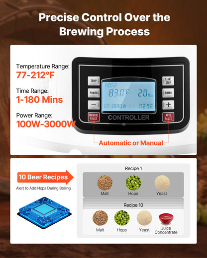 Electric Brewing System, 16 Gal/60L Brewing Pot, 3000W Power All-in-One Home Beer Brewer with Recipe Memory, Auto/Manual Mode Mash Boil Device with Control Panel, 25-100℃ Temp & 1-180 min Timer