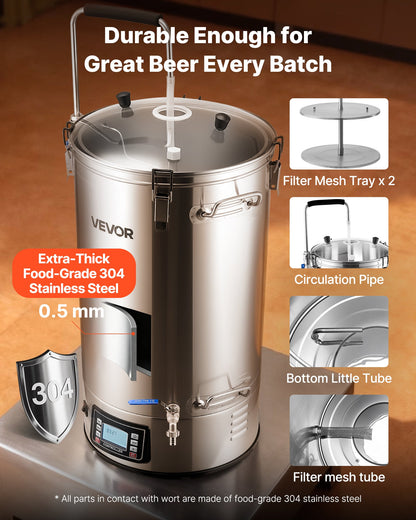 Electric Brewing System, 16 Gal/60L Brewing Pot, 3000W Power All-in-One Home Beer Brewer with Recipe Memory, Auto/Manual Mode Mash Boil Device with Control Panel, 25-100℃ Temp & 1-180 min Timer