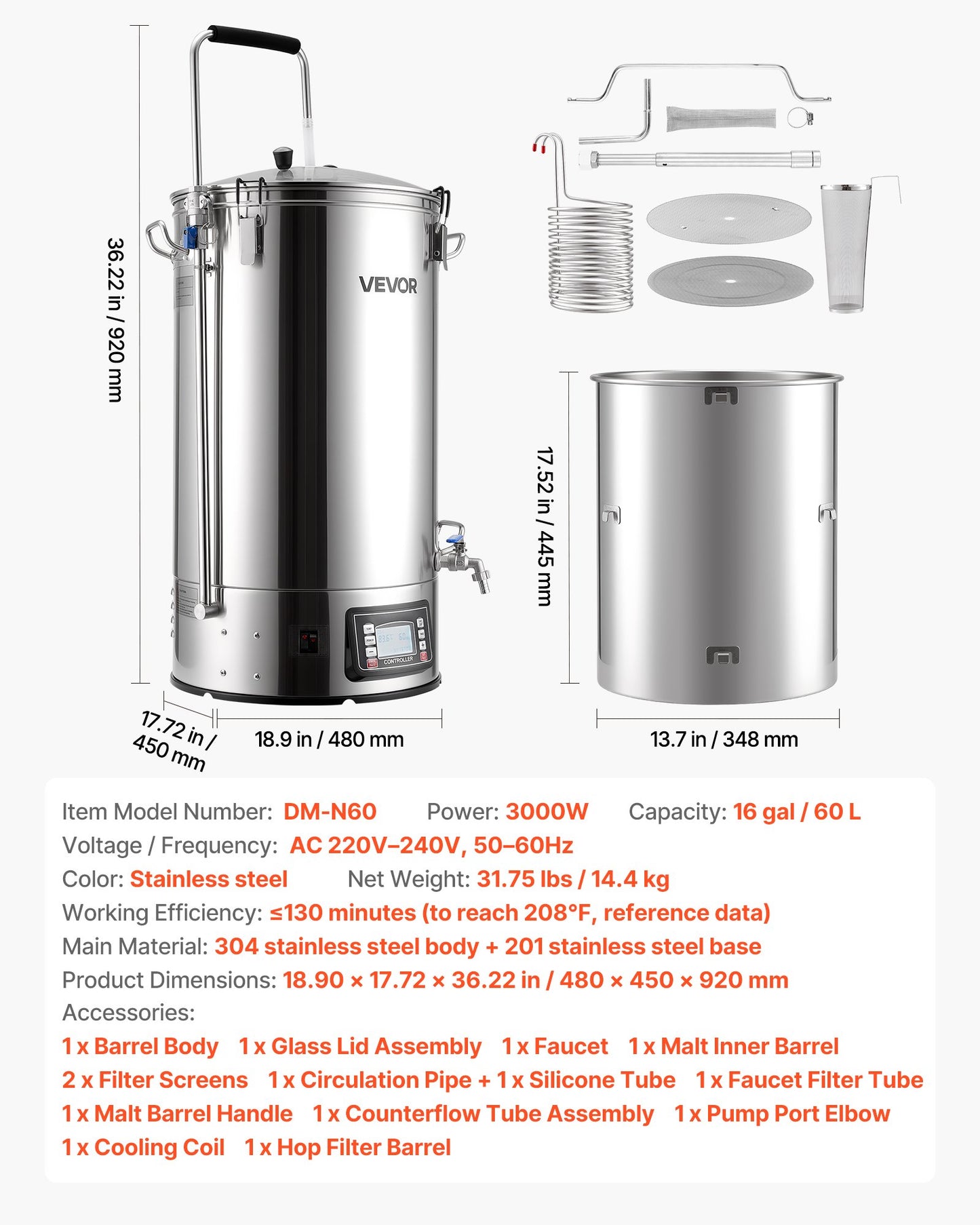Electric Brewing System, 16 Gal/60L Brewing Pot, 3000W Power All-in-One Home Beer Brewer with Recipe Memory, Auto/Manual Mode Mash Boil Device with Control Panel, 25-100℃ Temp & 1-180 min Timer