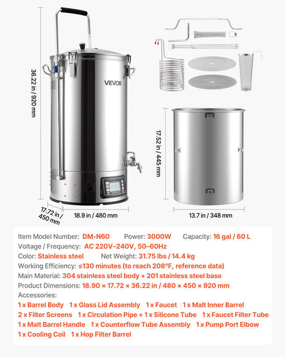 Electric Brewing System, 16 Gal/60L Brewing Pot, 3000W Power All-in-One Home Beer Brewer with Recipe Memory, Auto/Manual Mode Mash Boil Device with Control Panel, 25-100℃ Temp & 1-180 min Timer